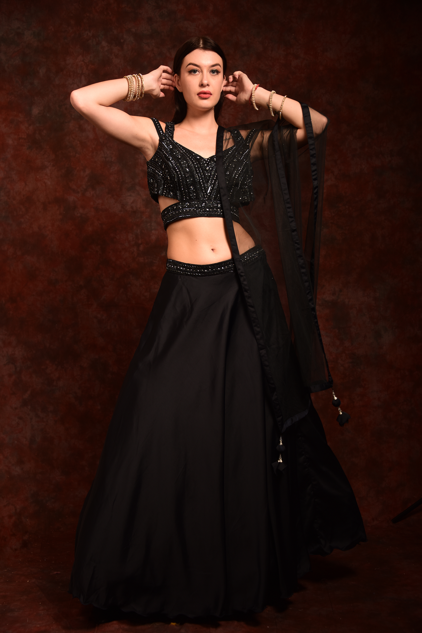 Black embroidered crop top skirt with dupatta