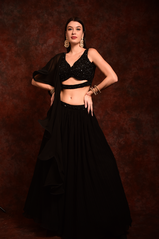 Black Embellished Crop-Top Skirt With Dupatta