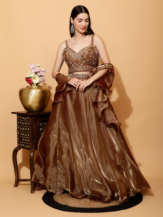Golden Designer Blouse With Silk Skirt