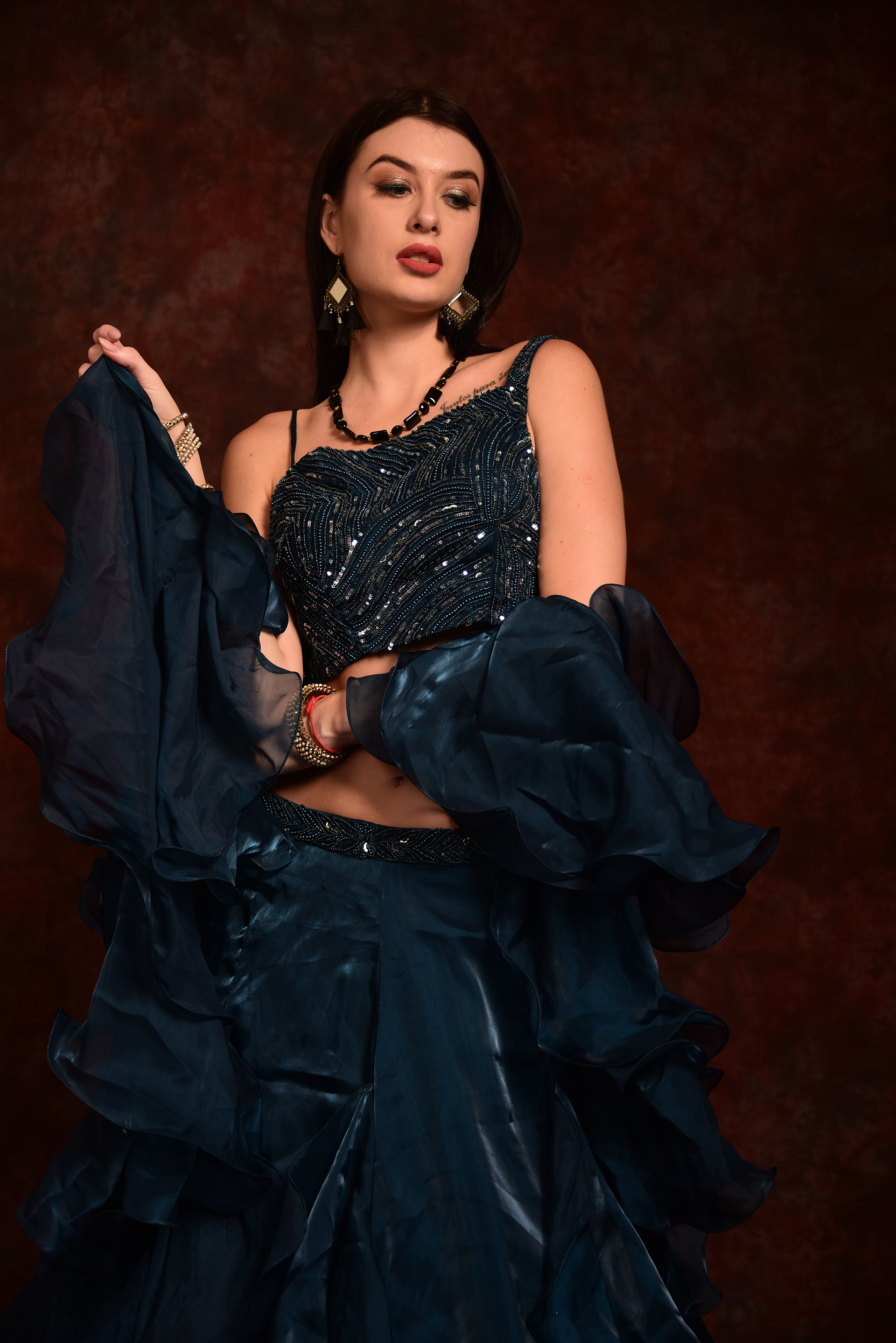 Blue ruffle crop top sales