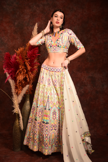 White Thread Work Lehenga Choli With Dupatta