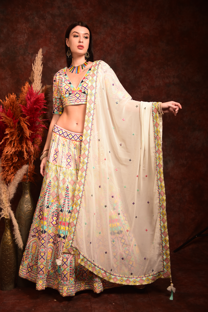 White Thread Work Lehenga Choli With Dupatta