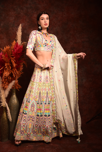 White Thread Work Lehenga Choli With Dupatta