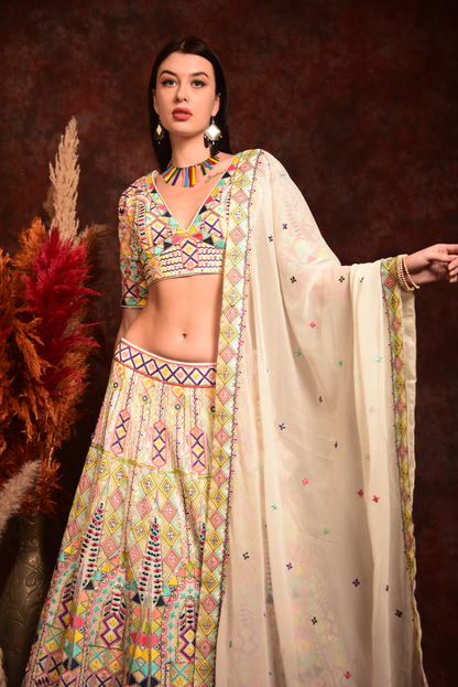 White Thread Work Lehenga Choli With Dupatta