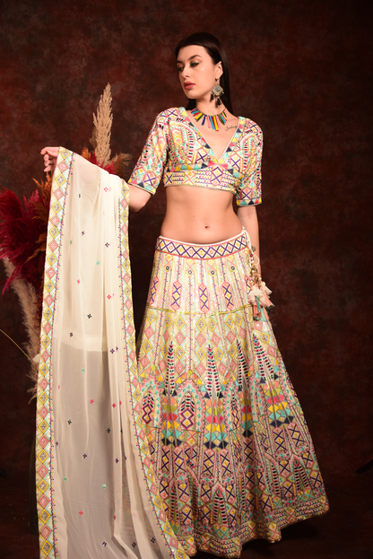 White Thread Work Lehenga Choli With Dupatta