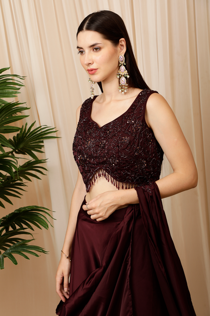 Wine Color Lehenga And Blouse With Attached Dupatta