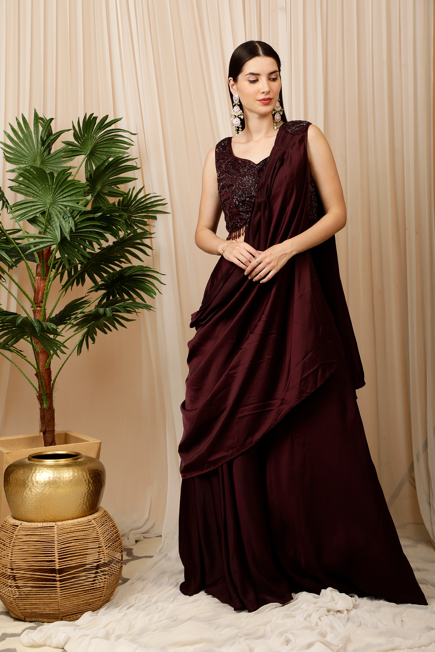 Wine Color Lehenga And Blouse With Attached Dupatta