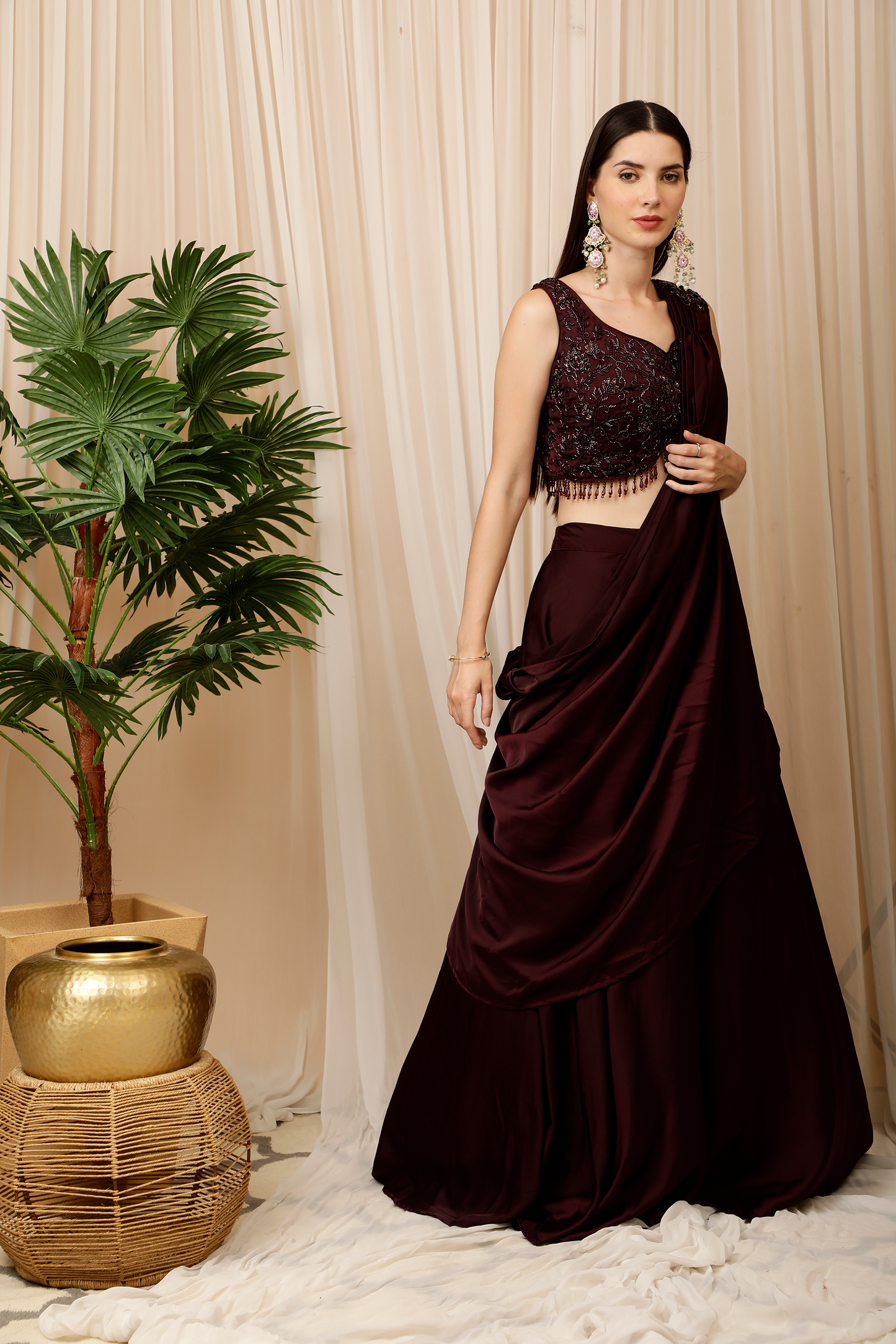 Wine Color Lehenga and Blouse with Attached Dupatta (Set of 2)