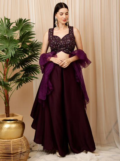 Wine Croptop palazzo pants With Ruffle Dupatta