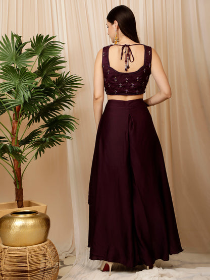 Wine Croptop palazzo pants With Ruffle Dupatta