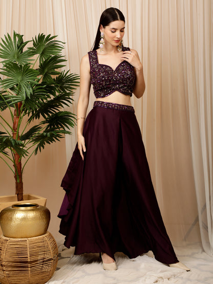 Wine Croptop palazzo pants With Ruffle Dupatta