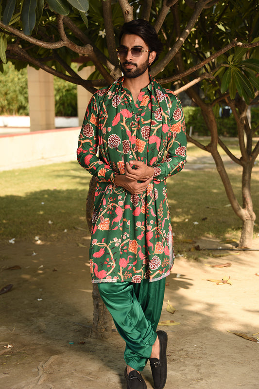 FOREST GREEN PRINTED PATHANI KURTA SET WITH DUPATTA