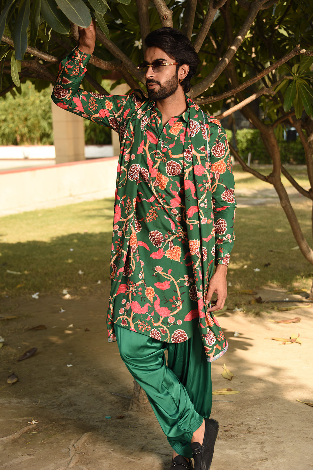 FOREST GREEN PRINTED PATHANI KURTA SET WITH DUPATTA