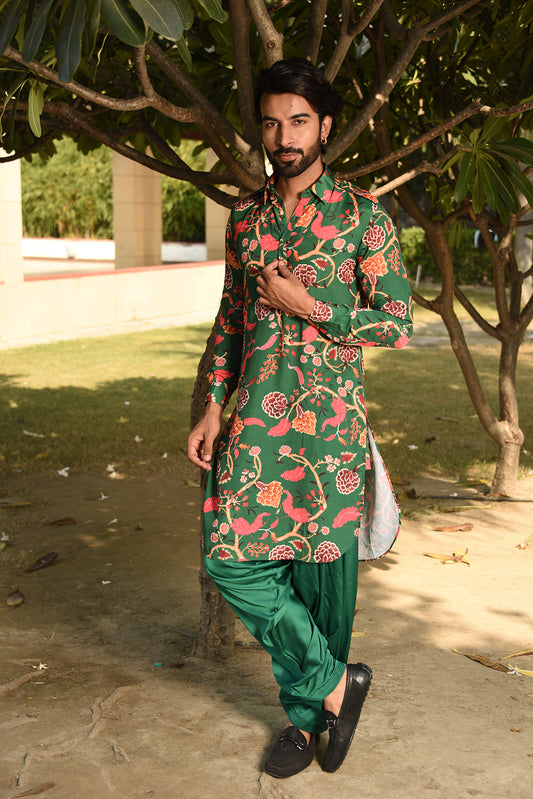 FOREST GREEN PRINTED PATHANI KURTA SET