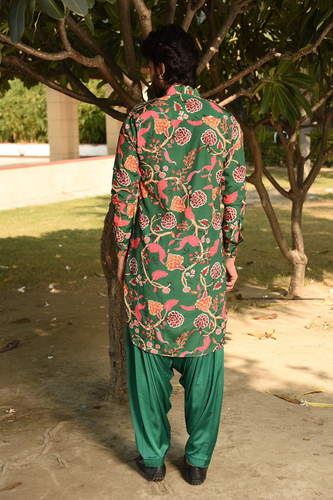 FOREST GREEN PRINTED PATHANI KURTA SET