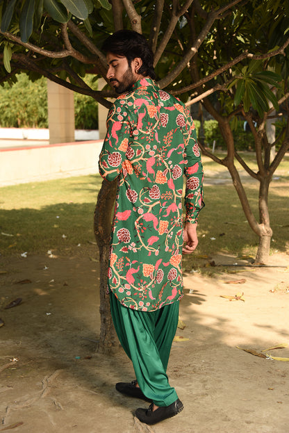 FOREST GREEN PRINTED PATHANI KURTA SET