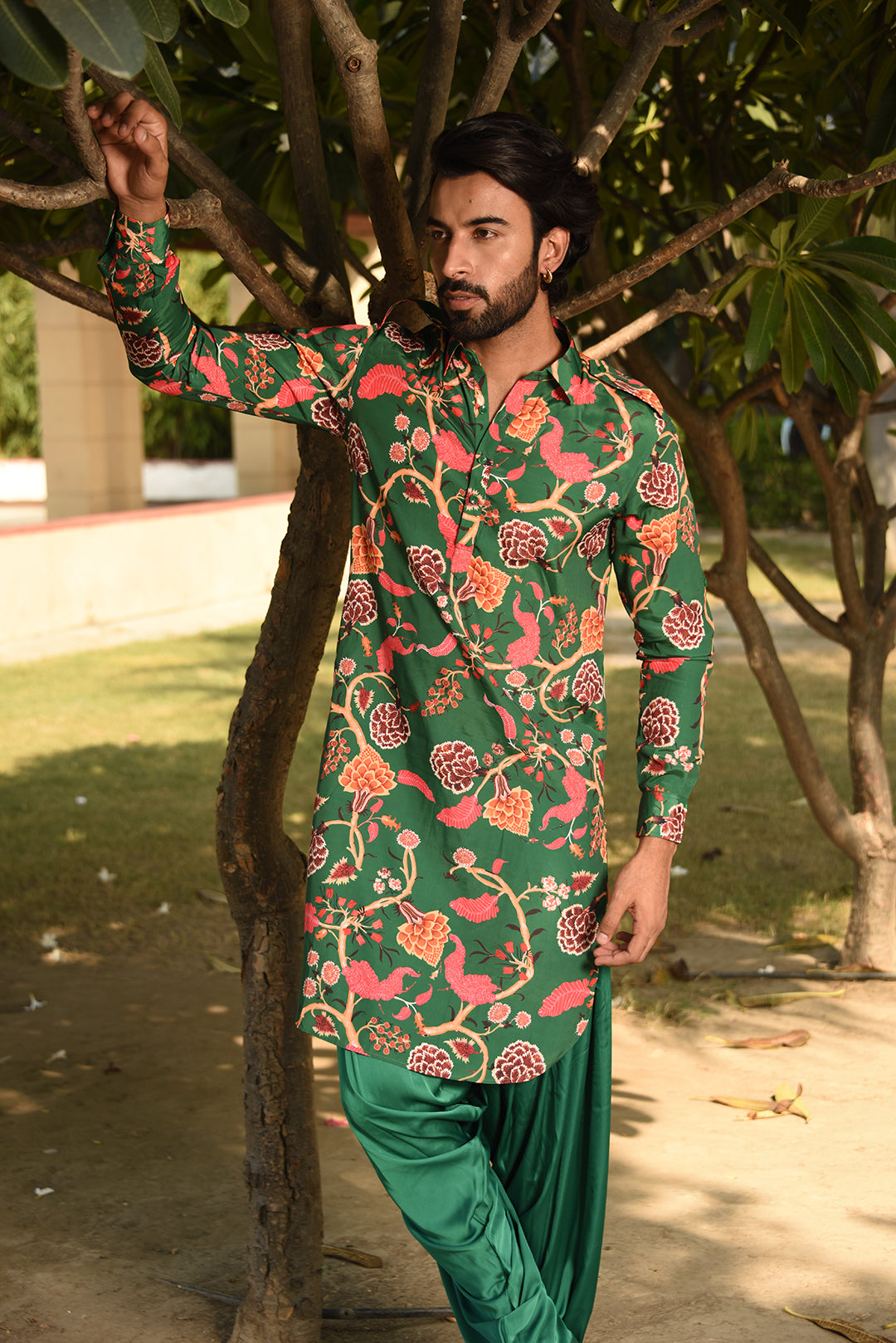 FOREST GREEN PRINTED PATHANI KURTA SET