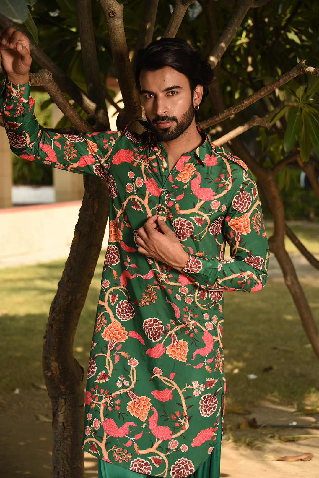 FOREST GREEN PRINTED PATHANI KURTA SET