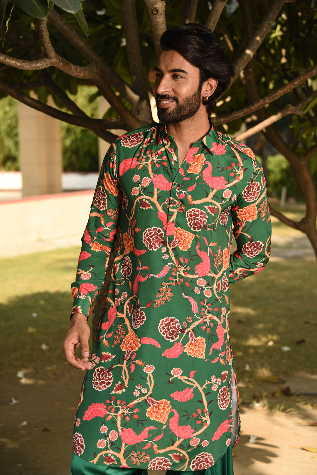 FOREST GREEN PRINTED PATHANI KURTA SET