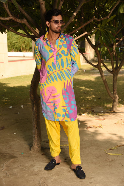 YELLOW PRINTED PATHANI KURTA SET