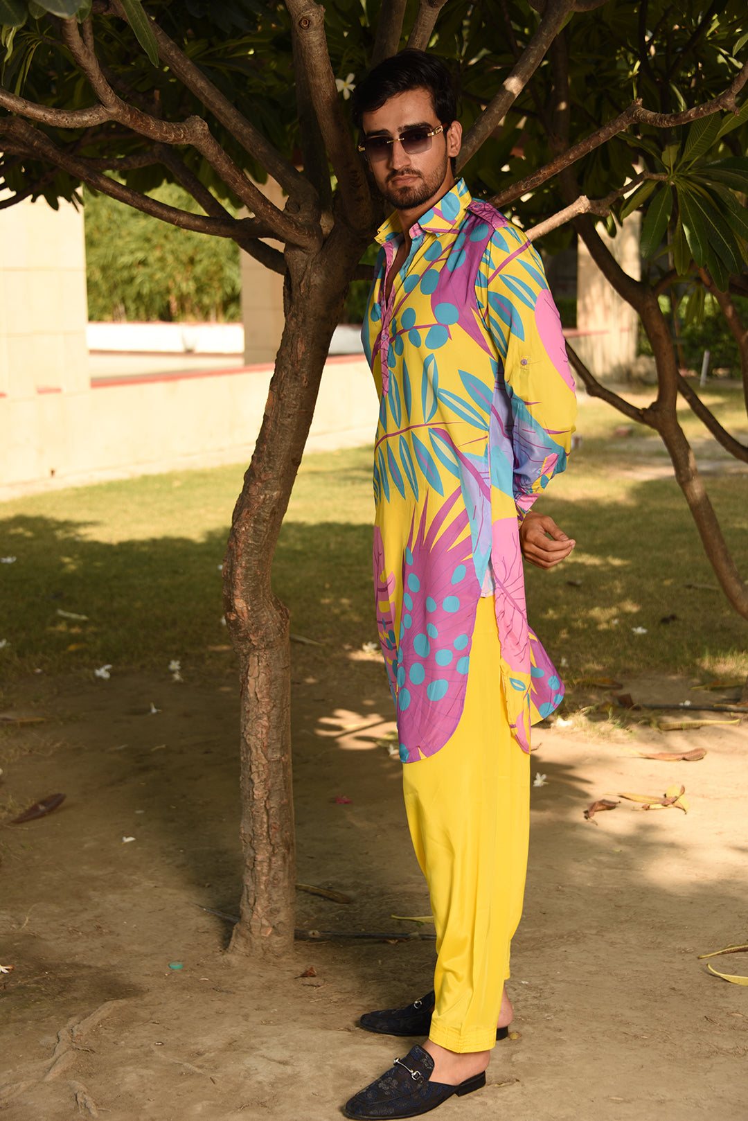 YELLOW PRINTED PATHANI KURTA SET