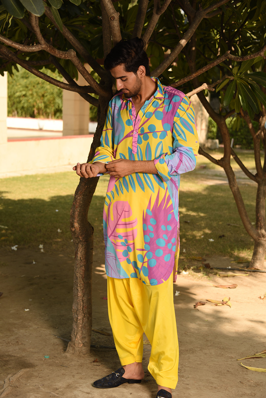 YELLOW PRINTED PATHANI KURTA SET