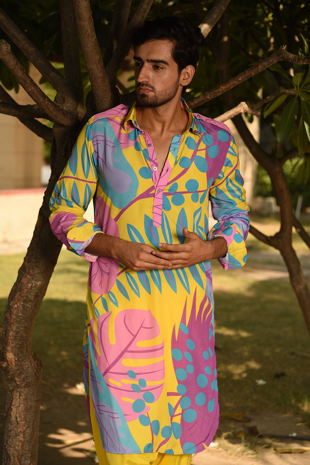 YELLOW PRINTED PATHANI KURTA SET