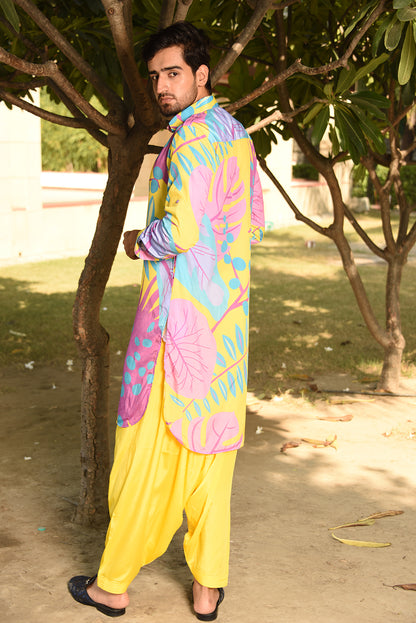 YELLOW PRINTED PATHANI KURTA SET