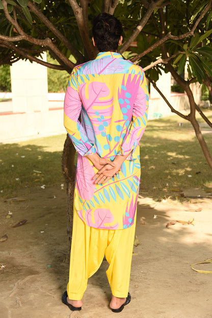 YELLOW PRINTED PATHANI KURTA SET