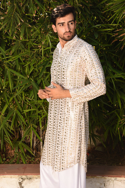 WHITE MIRROR EMROIDERED PATHANI KURTA SET