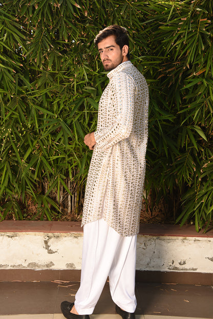 WHITE MIRROR EMROIDERED PATHANI KURTA SET