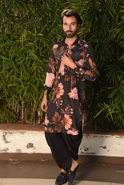 BLACK PRINTED PATHANI KURTA SET