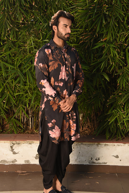 BLACK PRINTED PATHANI KURTA SET