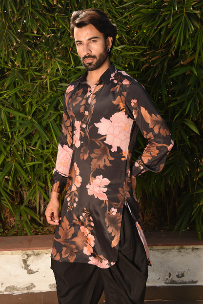 BLACK PRINTED PATHANI KURTA SET