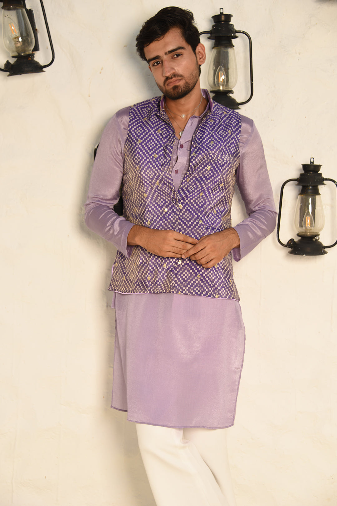 LILAC CHINON STRAIGHT KURTA SET WITH BANDHI JACKET