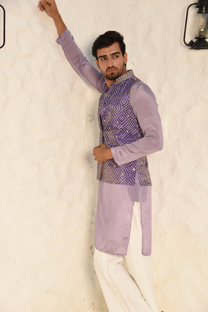 LILAC CHINON STRAIGHT KURTA SET WITH BANDHI JACKET