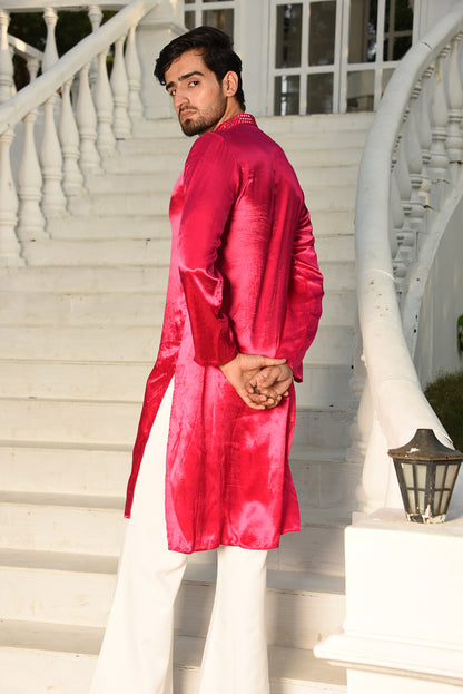 PURE GAJJI SILK MAJENTA PINK STRAIGHT KURTA SET