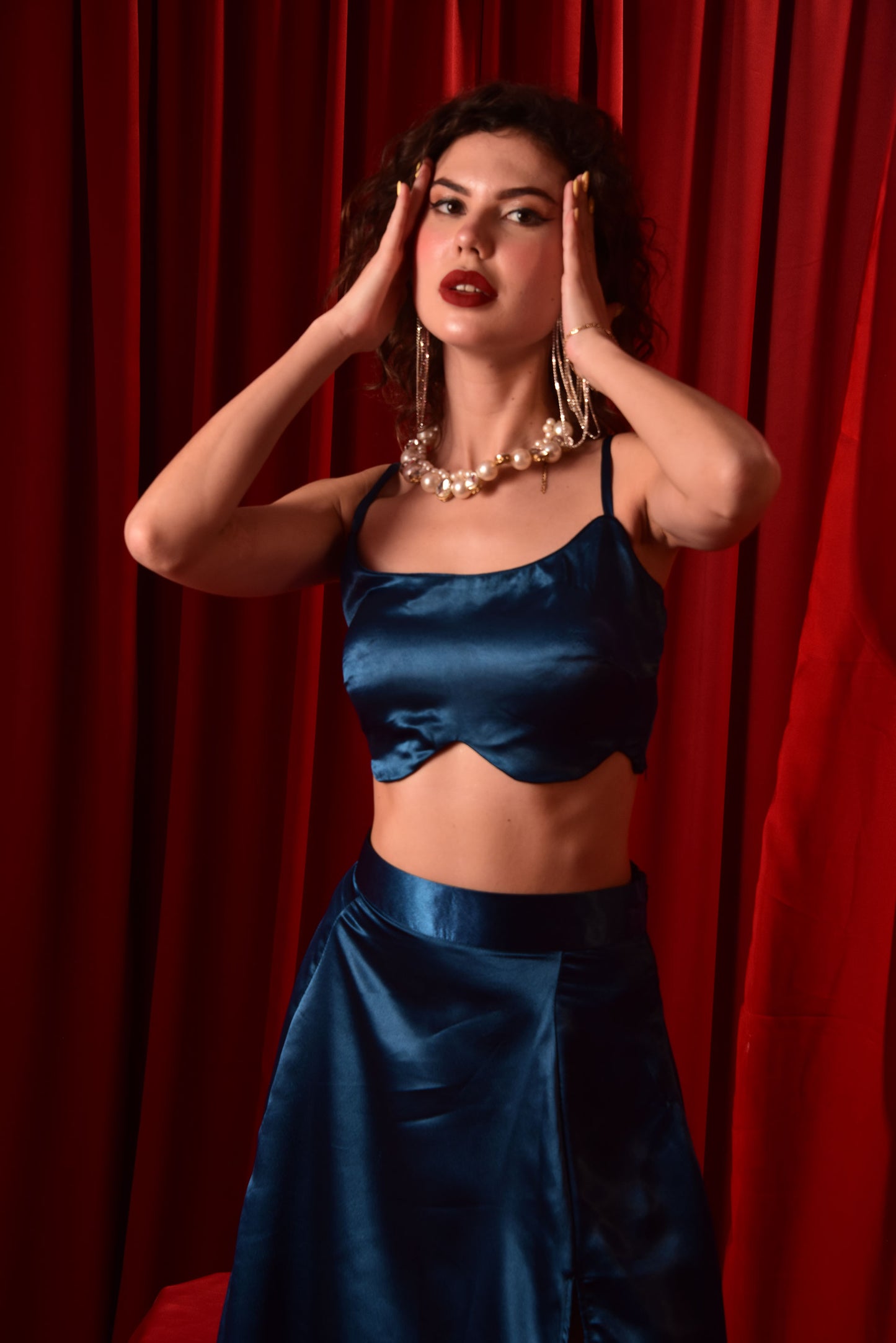ROYAL BLUE CROP TOP SKIRT WITH HIGH SLIT SKIRT IW_EH