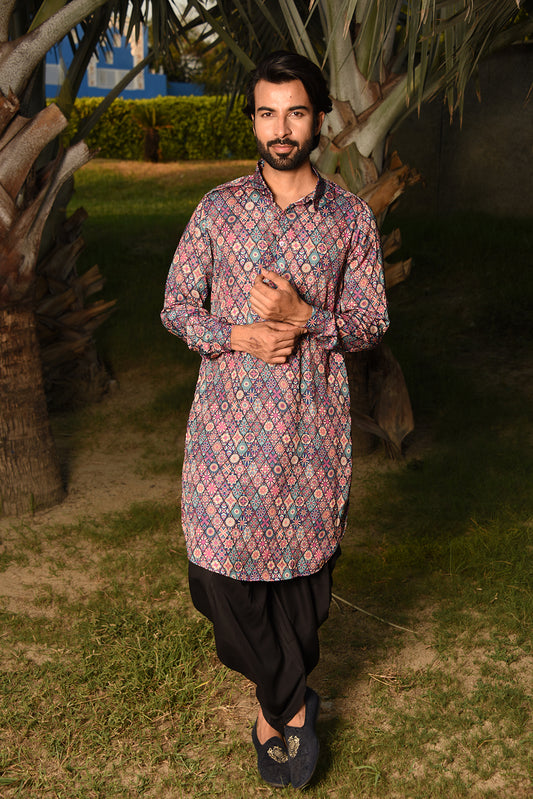 MULTICOLOUR PRINTED PATHANI KURTA SET