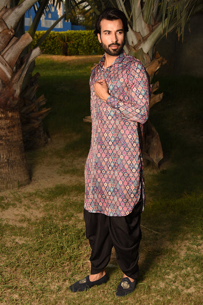 MULTICOLOUR PRINTED PATHANI KURTA SET