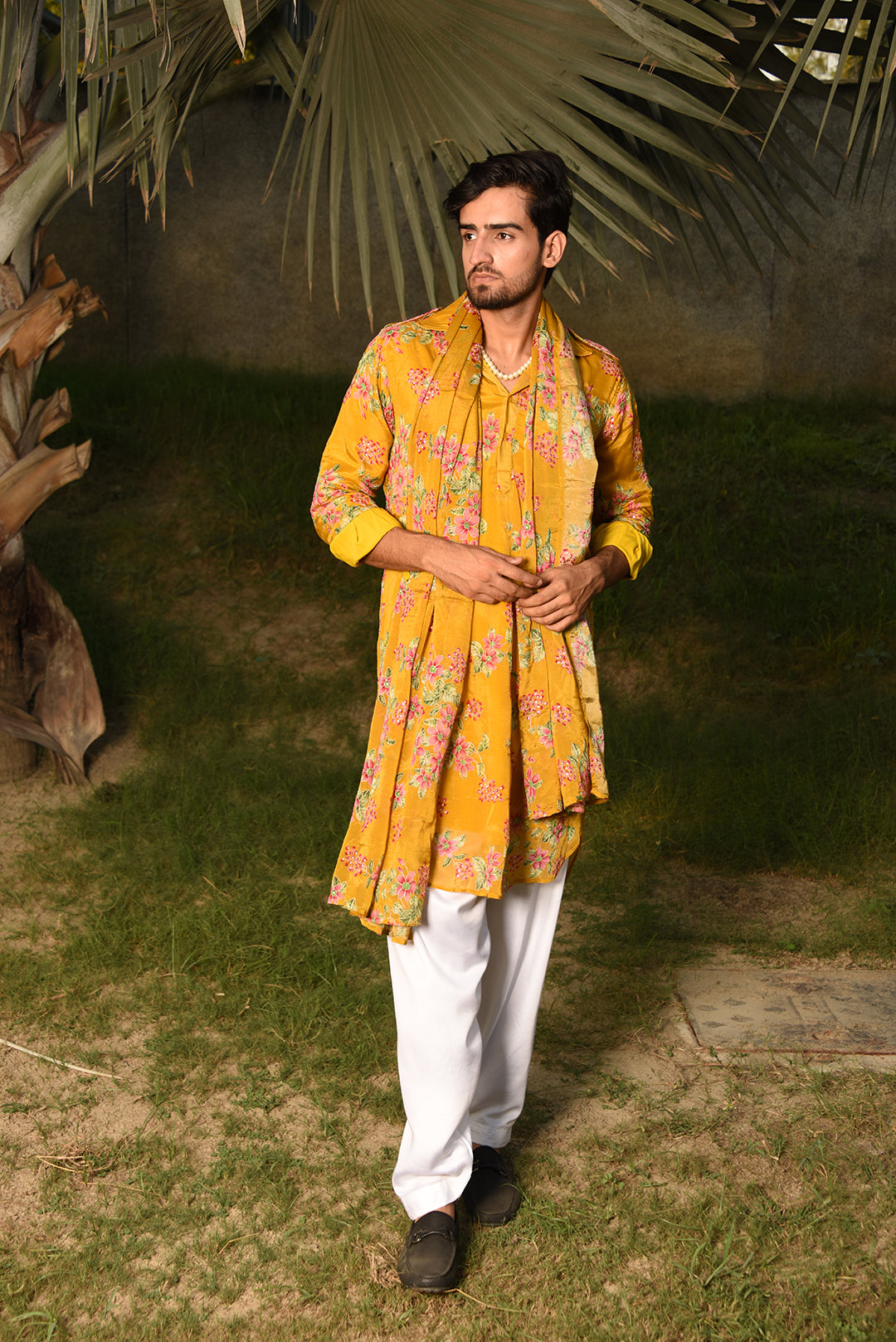 MUSTARD YELLOW FLORAL PRINTED PATHANI KURTA SET WITH DUPATTA