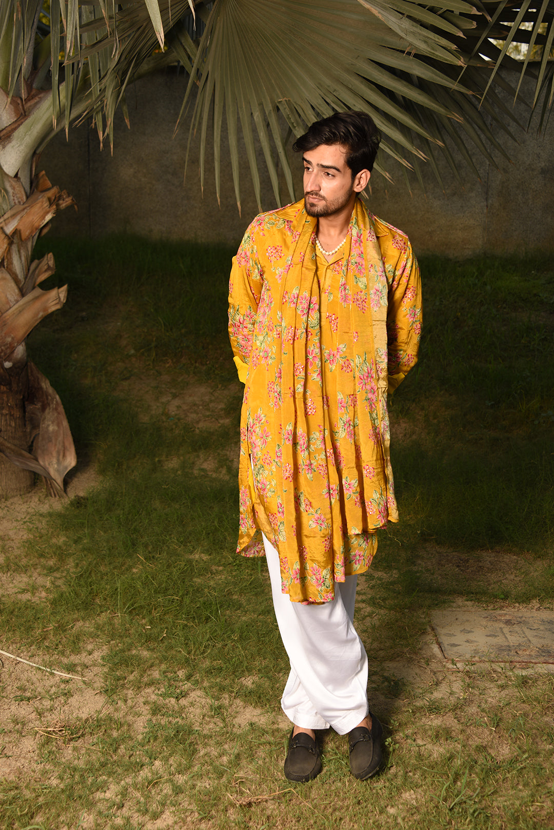 MUSTARD YELLOW FLORAL PRINTED PATHANI KURTA SET WITH DUPATTA