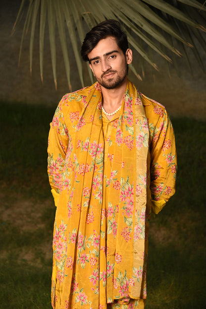 MUSTARD YELLOW FLORAL PRINTED PATHANI KURTA SET WITH DUPATTA