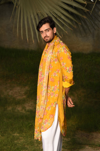 MUSTARD YELLOW FLORAL PRINTED PATHANI KURTA SET WITH DUPATTA