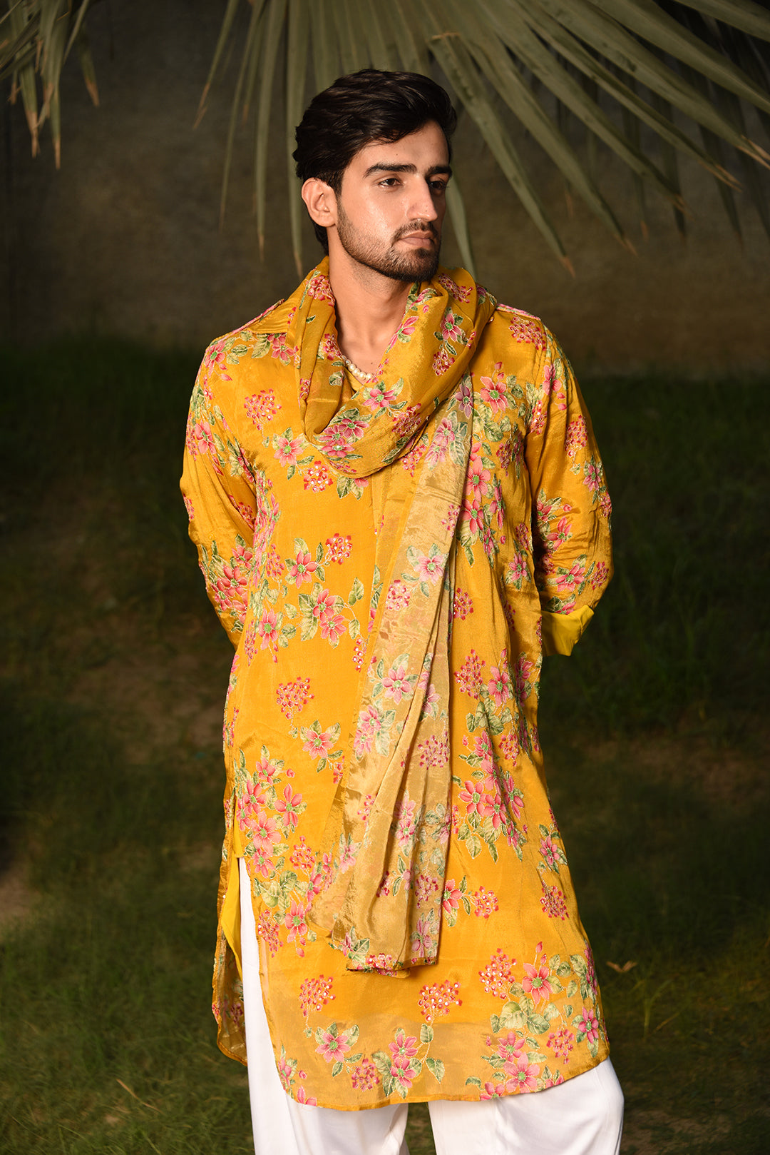 MUSTARD YELLOW FLORAL PRINTED PATHANI KURTA SET WITH DUPATTA