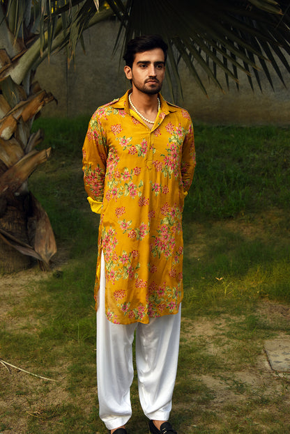 MUSTARD YELLOW FLORAL PRINTED PATHANI KURTA SET