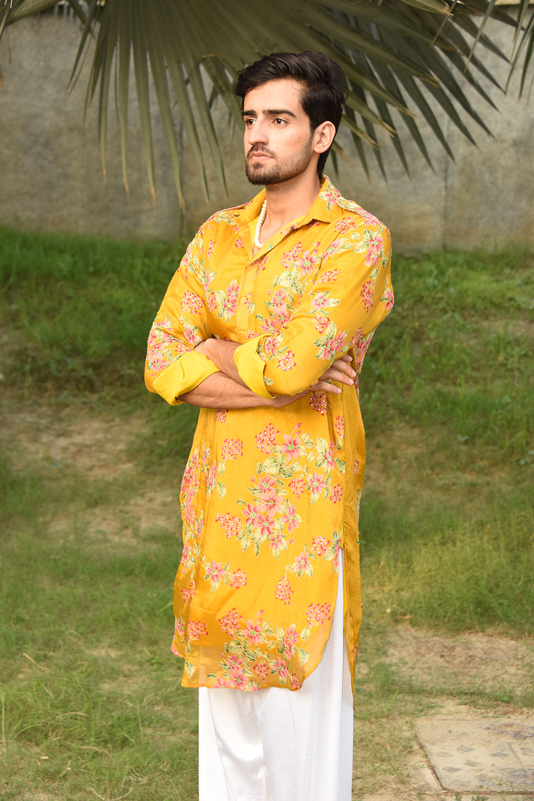 MUSTARD YELLOW FLORAL PRINTED PATHANI KURTA SET