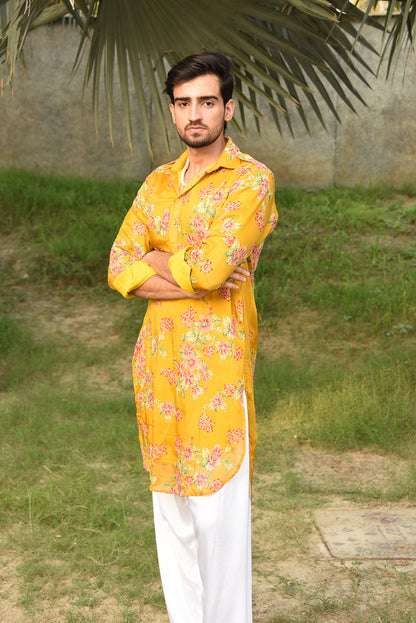 MUSTARD YELLOW FLORAL PRINTED PATHANI KURTA SET