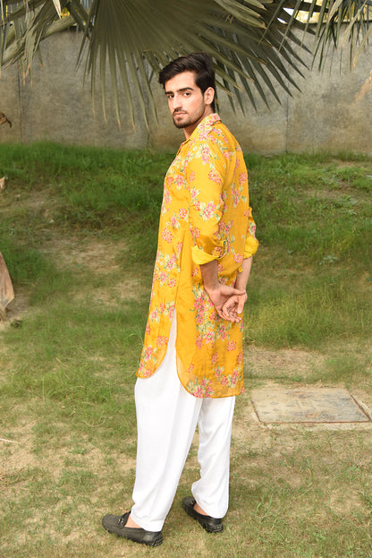 MUSTARD YELLOW FLORAL PRINTED PATHANI KURTA SET