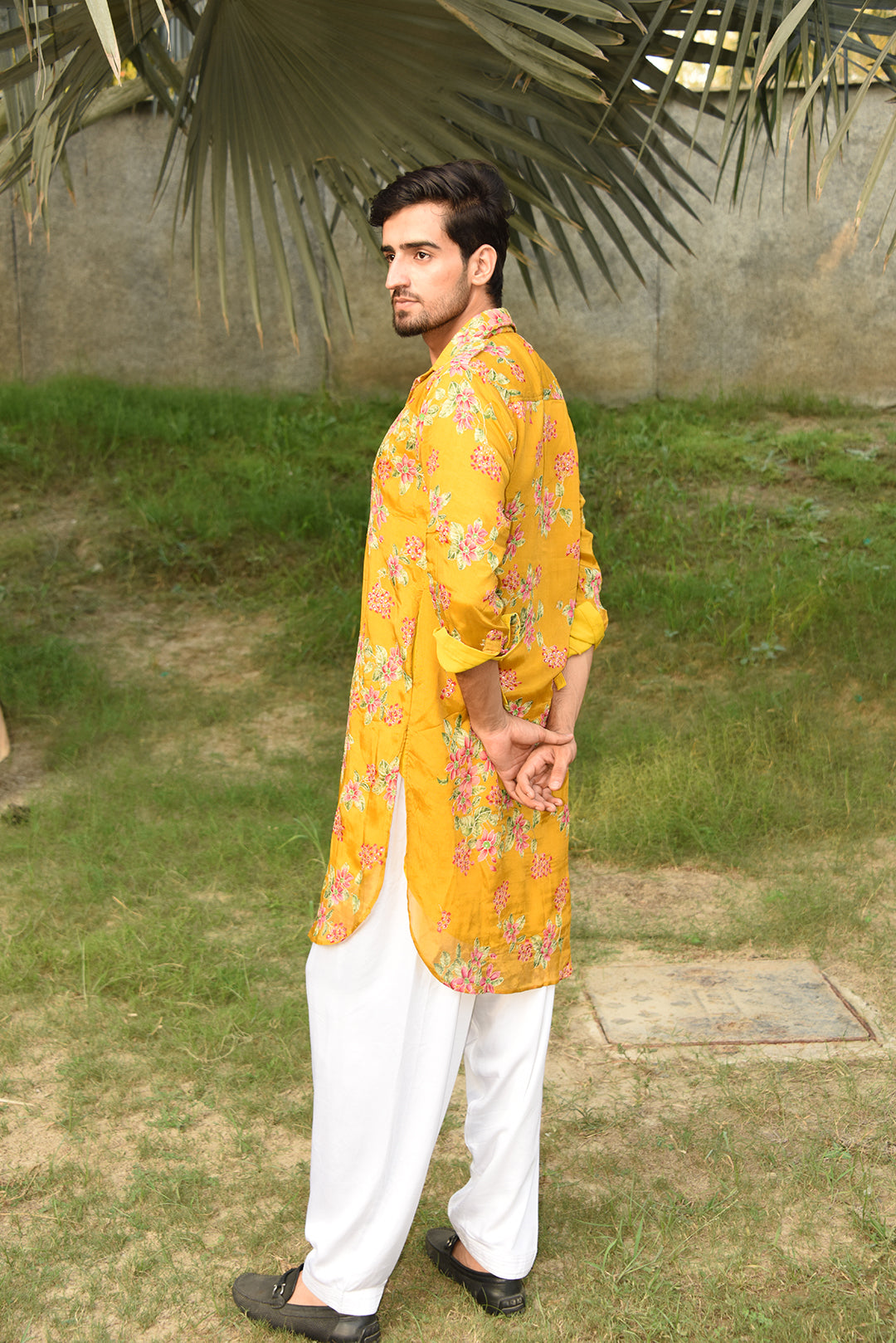 MUSTARD YELLOW FLORAL PRINTED PATHANI KURTA SET WITH DUPATTA